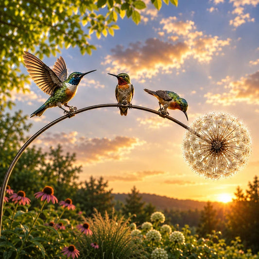 Hummingbird & Dandelion Garden Stake – Handcrafted Metal Yard Art